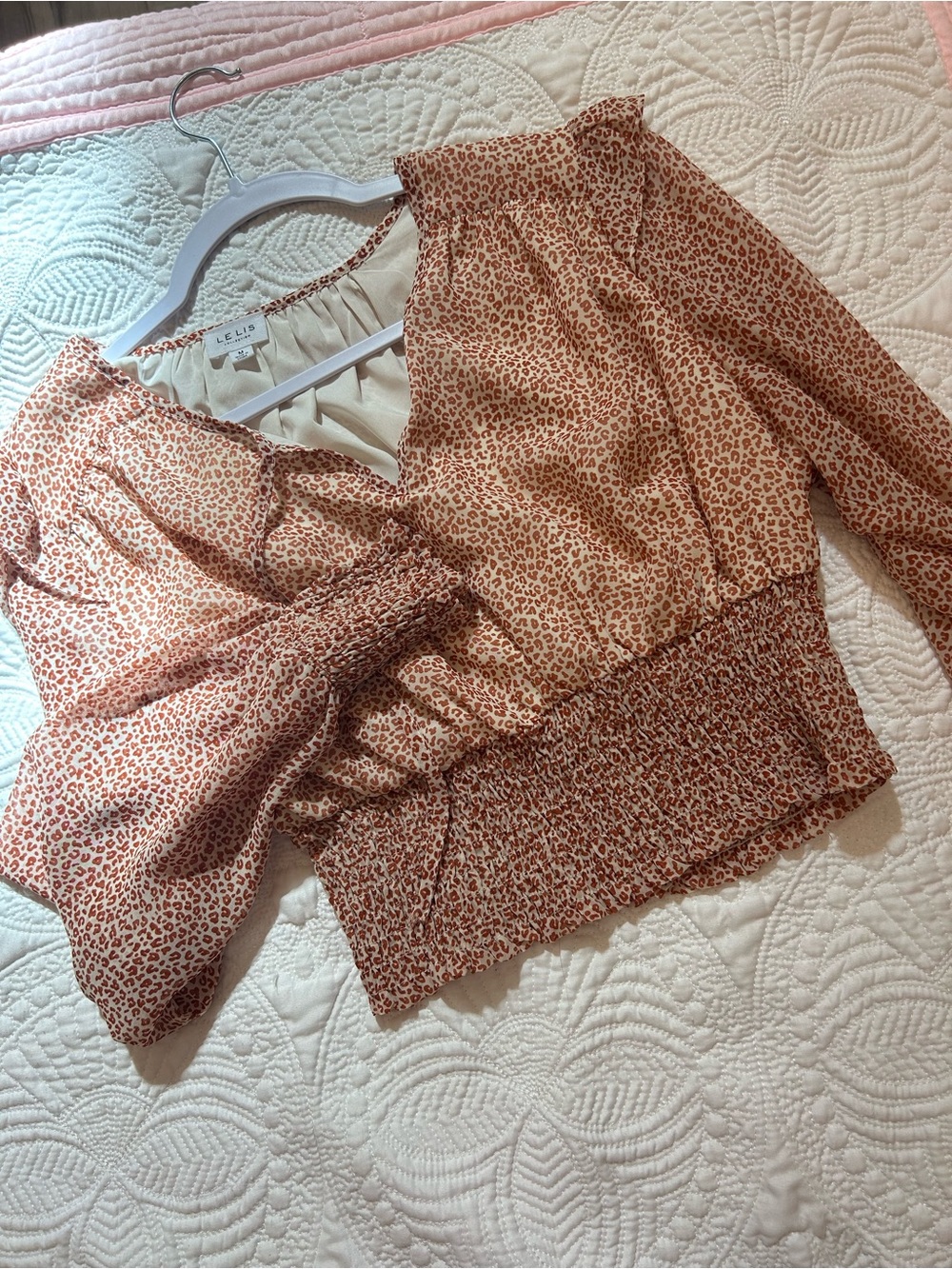 Le Lis Cream and Rust Leopard Print Smocked Waist Blouse